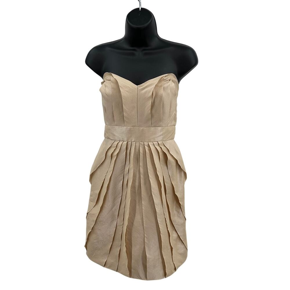 Max and Cleo Mini Dress Womens SZ 4 Tan Strapless Sweetheart Neck Layered Ruffle